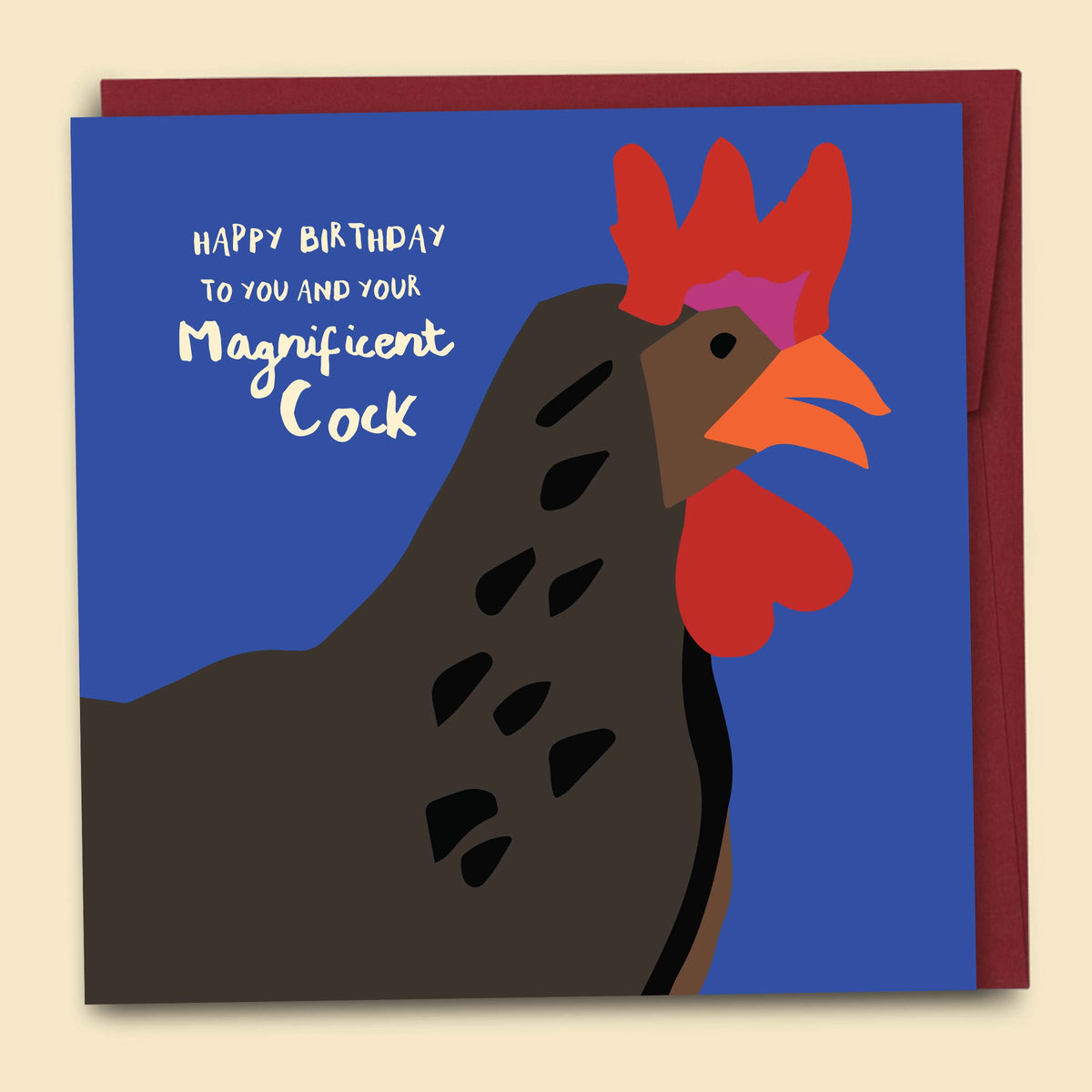 A birthday card with a colorful illustration of a chicken on a blue background, with text that reads 'Happy Birthday to you and your Magnificent Cock' — Australian-made greeting card by Papernest