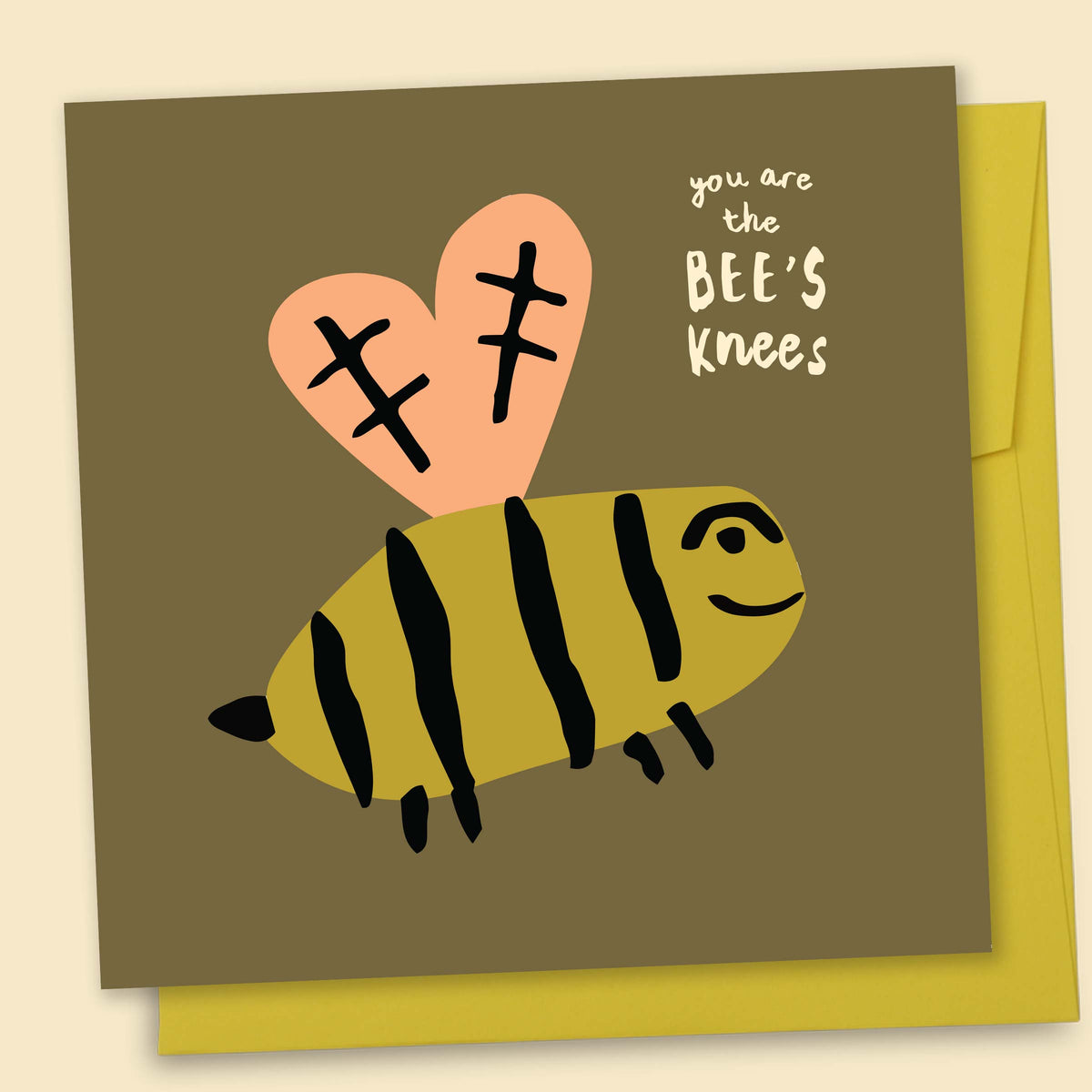 Greeting card with an illustration of a bee on a brown background with the text 'you are the BEE's knees'. Australian-made greeting card by Papernest