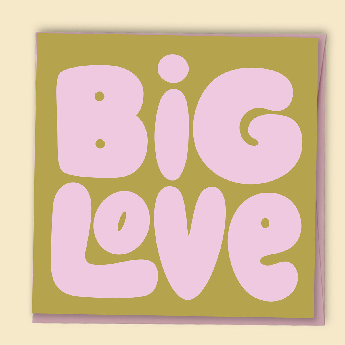Card with 'Big Love' text in pink finished with holographic foil on a green background. Australian-made greeting card by Papernest