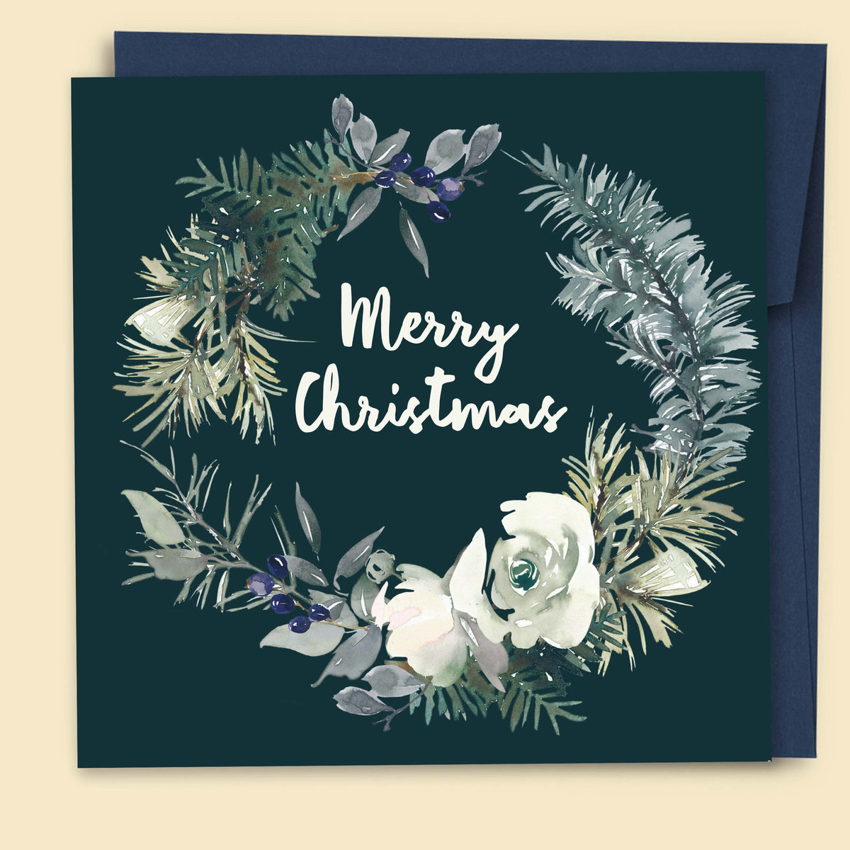 Merry Christmas Blue Wreath — Australian-made greeting card by Papernest