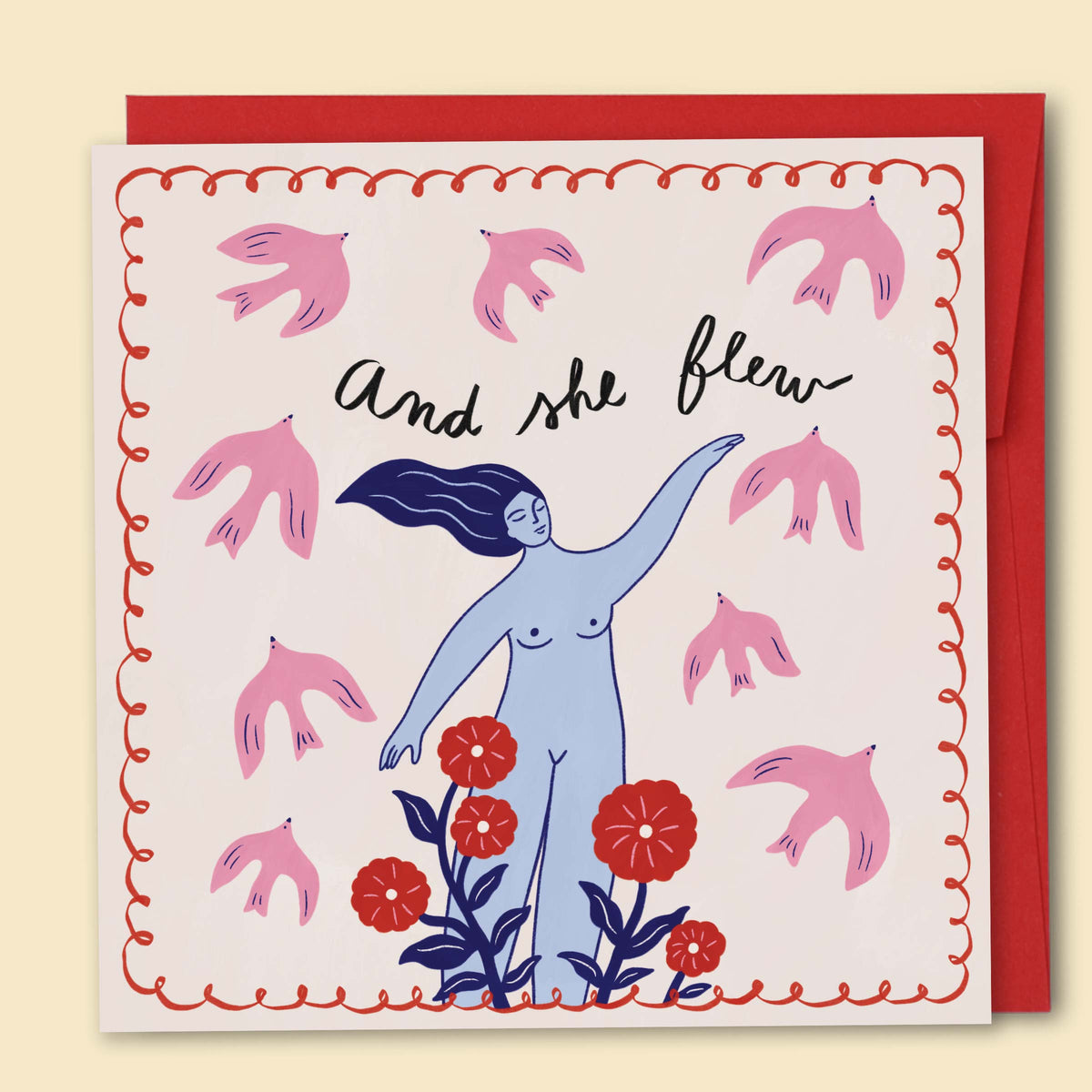 A greeting card with a hand-drawn illustration by Constanza Goeppinger of a woman with outstretched arms among flowers and birds, with the text 'And she flew' written at the top. Australian-made greeting card by Papernest.