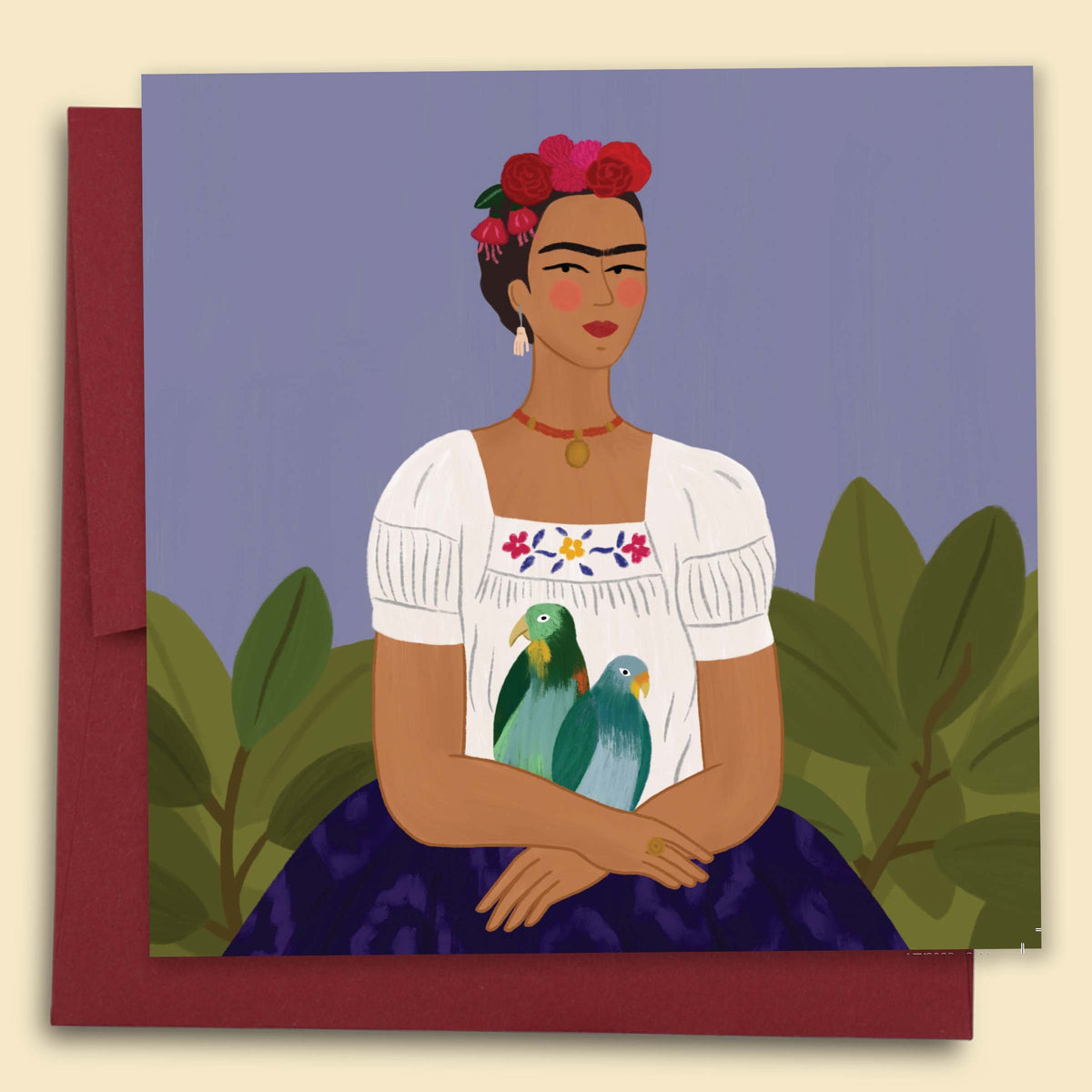 An illustrated greeting card by Constanza Goeppinger featuring a stylised image of Frida Kahlo. Australian-made greeting card by Papernest.