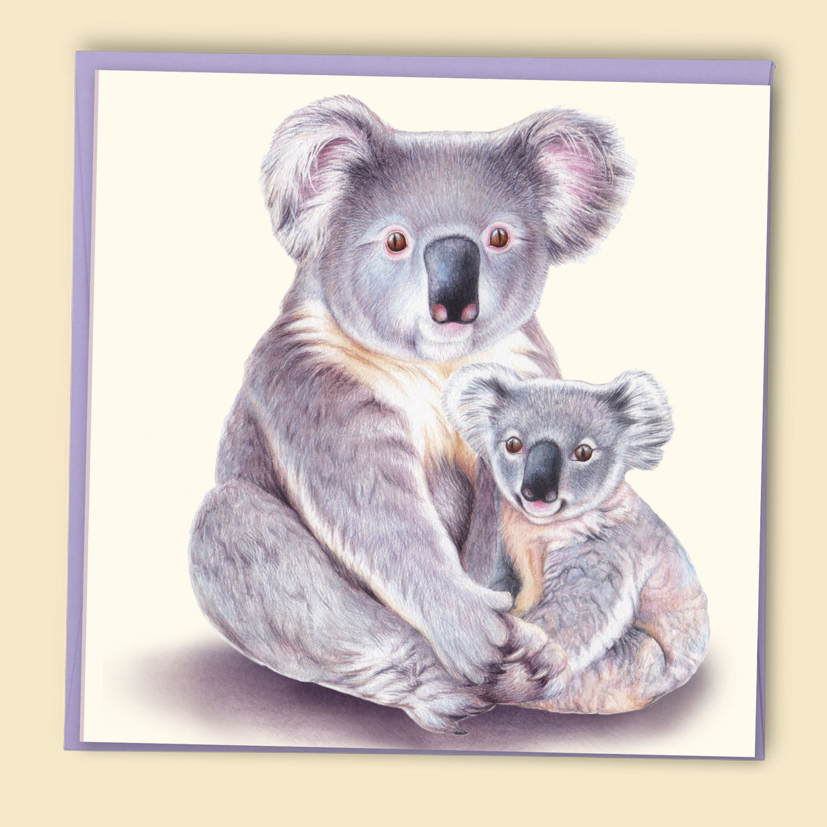 Illustration of a koala holding a baby koala with a light purple border on a beige background - Australian-made greeting card by Papernest