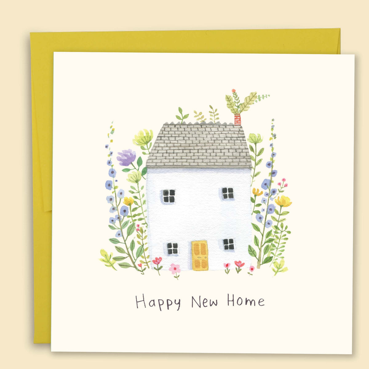 Watercolour housewarming card with gemstones by Tamsin Ainslie reading 'Happy new home'