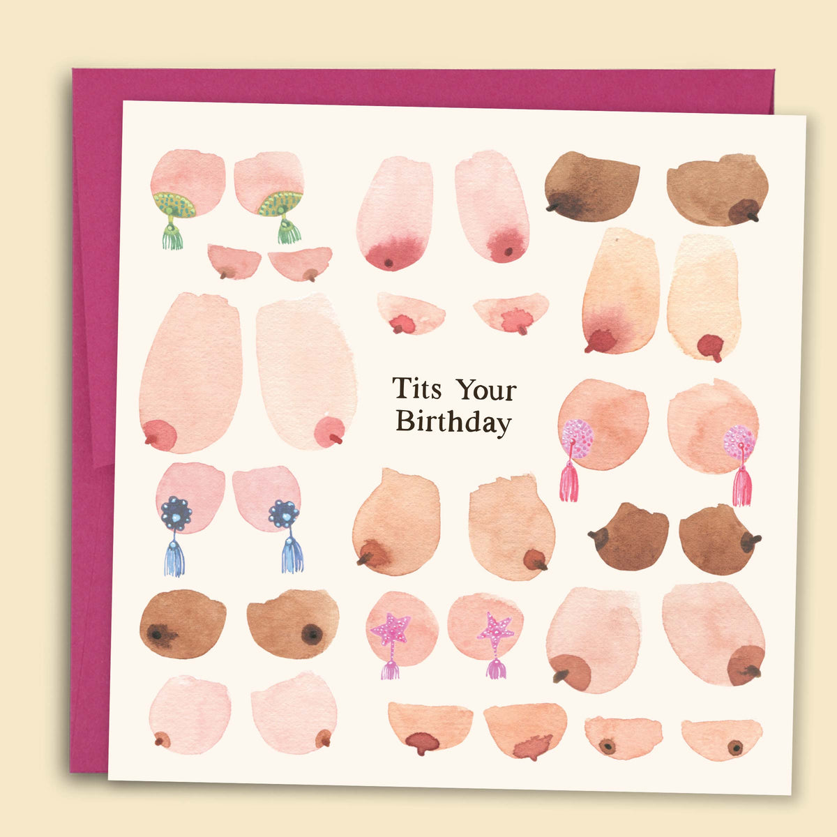 Funny birthday card with watercolour boob illustrations and gem details by Tamsin Ainslie reading 'Tits your birthday'