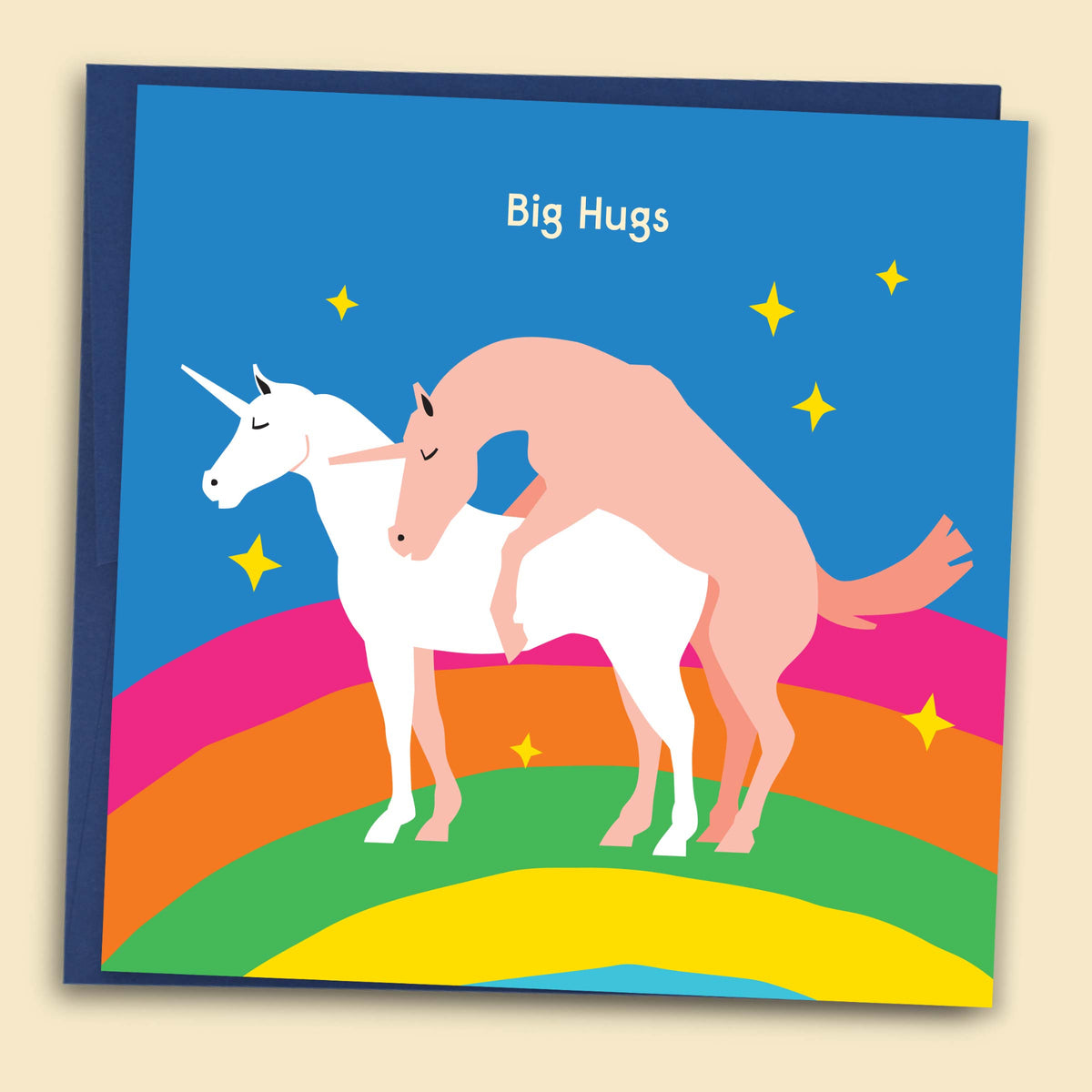 Funny Big Hugs card featuring two unicorns on a rainbow by James Lake - cheeky Valentine's Day, love or anniversary card with love vouchers and plantable confetti
