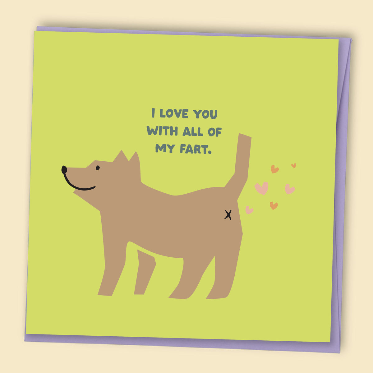 I love you with all of my fart. Illustrated card of dog farting hearts — Australian-made greeting card by Papernest