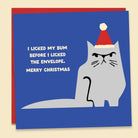 A Christmas greeting card with a blue front, featuring an illustrated gray cat wearing a red Santa hat and white text that reads, 'I LICKED MY BUM BEFORE I LICKED THE ENVELOPE. MERRY CHRISTMAS. Australian-made greeting card by Papernest