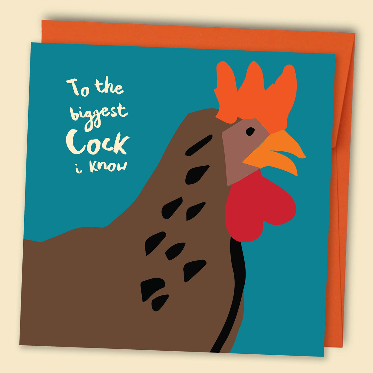 A greeting card with a cartoon illustration of a rooster, titled 'To the biggest Cock I know'. Australian-made greeting card by Papernest