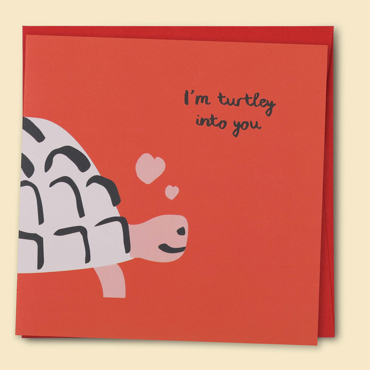 Greeting card with an illustration of a turtle and the phrase 'I'm Turtley into you' — Australian-made greeting card by Papernest