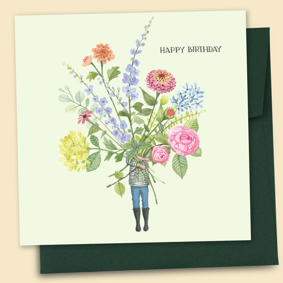 Watercolour flower bunch birthday card with gemstones by Tamsin Ainslie reading 'A bunch of happy birthdays'