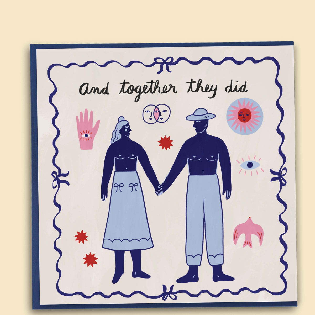 A greeting card with a hand-drawn illustration by Constanza Goeppinger of two people holding hands, surrounded by abstract designs, with the text 'And together they did'. Australian-made greeting card by Papernest.