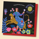 An illustrated greeting card by Constanza Goeppinger featuring a stylised image of a woman sitting on a cheetah surrounded by colourful flowers and abstract images with the words 'Happy Birthday Goddess'. Australian-made greeting card by Papernest.
