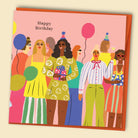 An illustrated greeting card by Constanza Goeppinger featuring a group of stylish women having a party  'Happy Birthday'. Australian-made greeting card by Papernest.