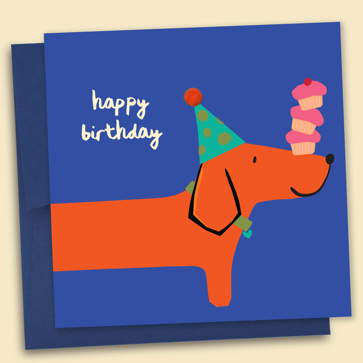 Illustrated dachshund birthday card with pom pom detail by Katarina Berg reading 'Happy birthday'  — Australian-made greeting card by Papernest