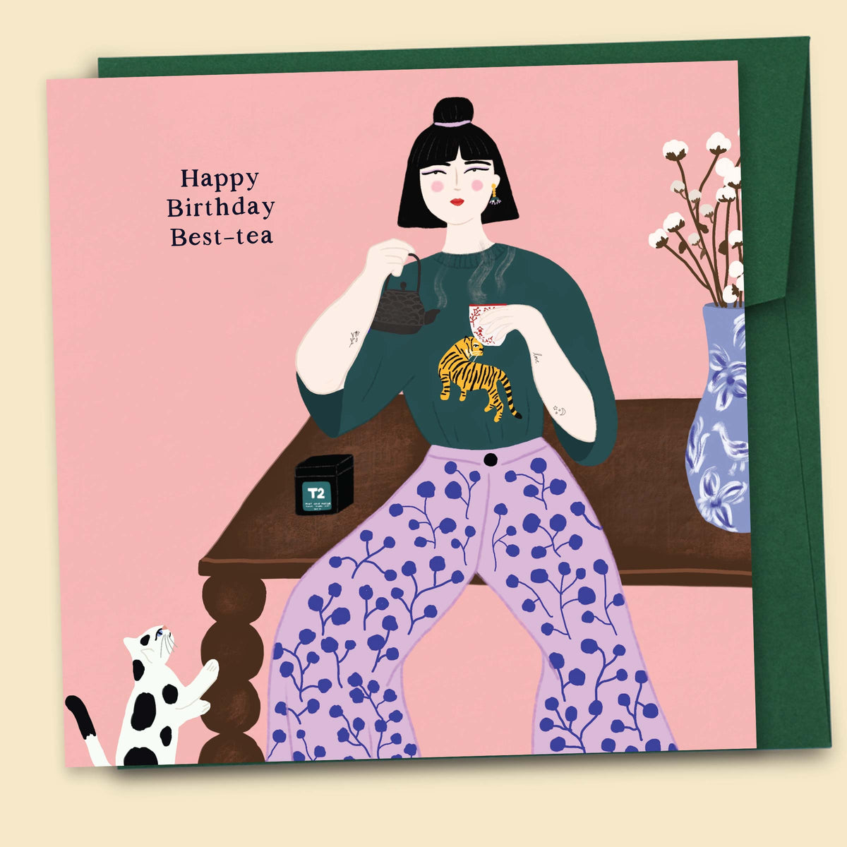 An illustrated greeting card by Constanza Goeppinger featuring a stylised image of a woman pouring a cup of tea with the words 'Happy Birthday Best-tea'. Australian-made greeting card by Papernest.
