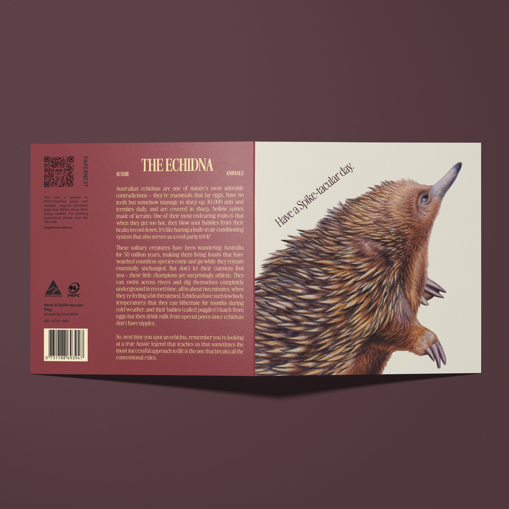 Greeting card with an echidna illustration reading "Have A Spike-tacular Day"