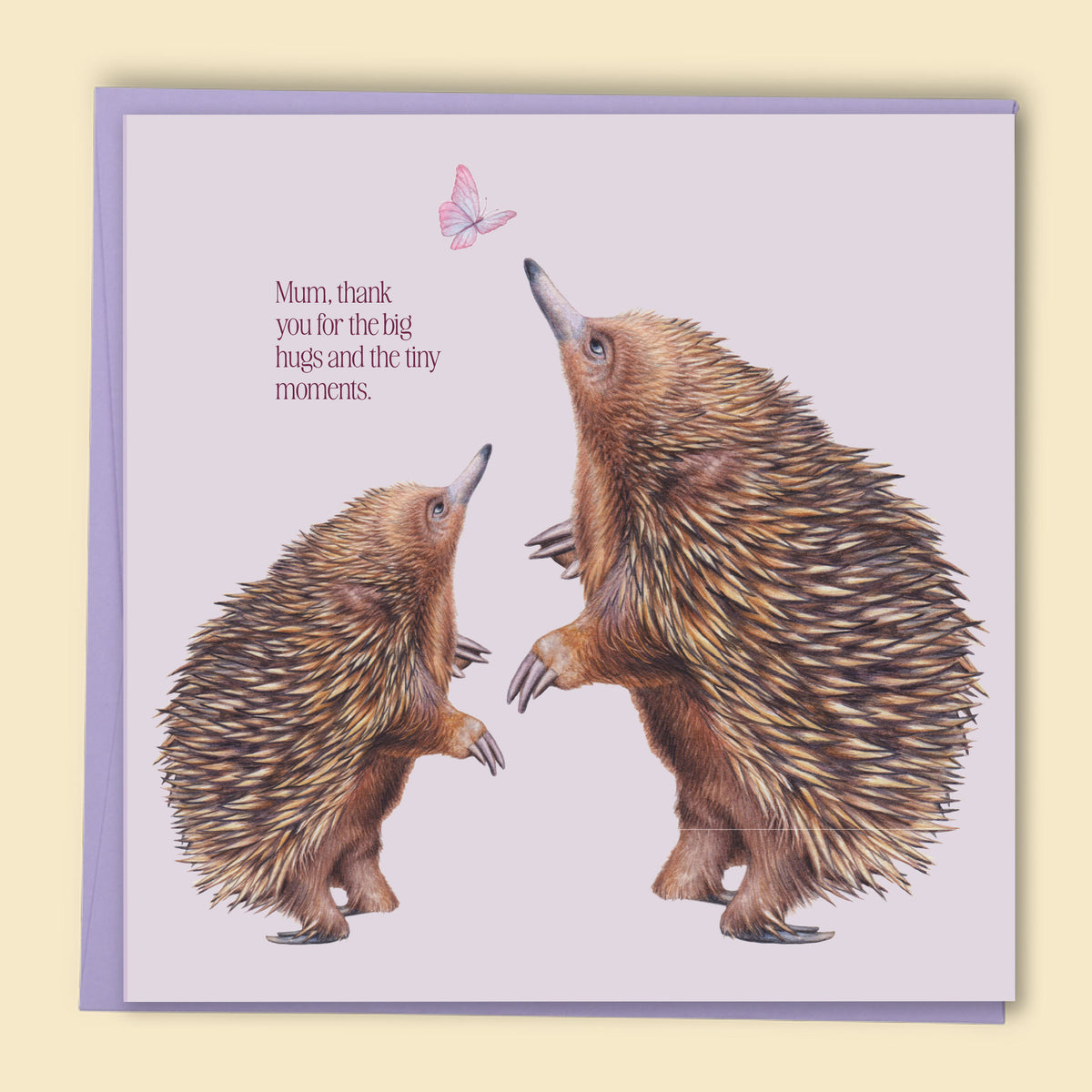 Greeting card with two echidnas and a butterfly on a light purple background