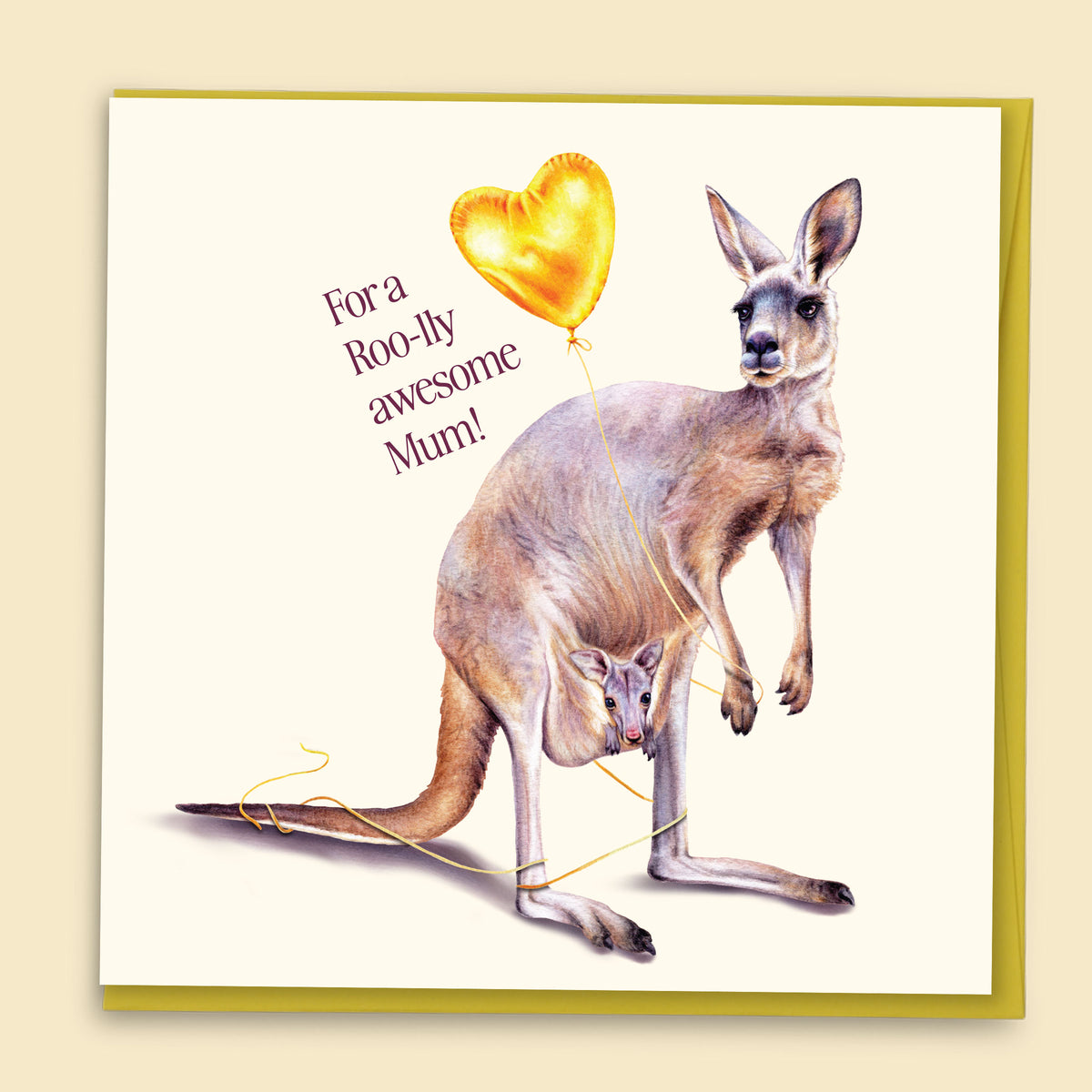 Card with kangaroo holding a heart-shaped balloon and text 'For a Roo-ly awesome Mum!' on a beige background