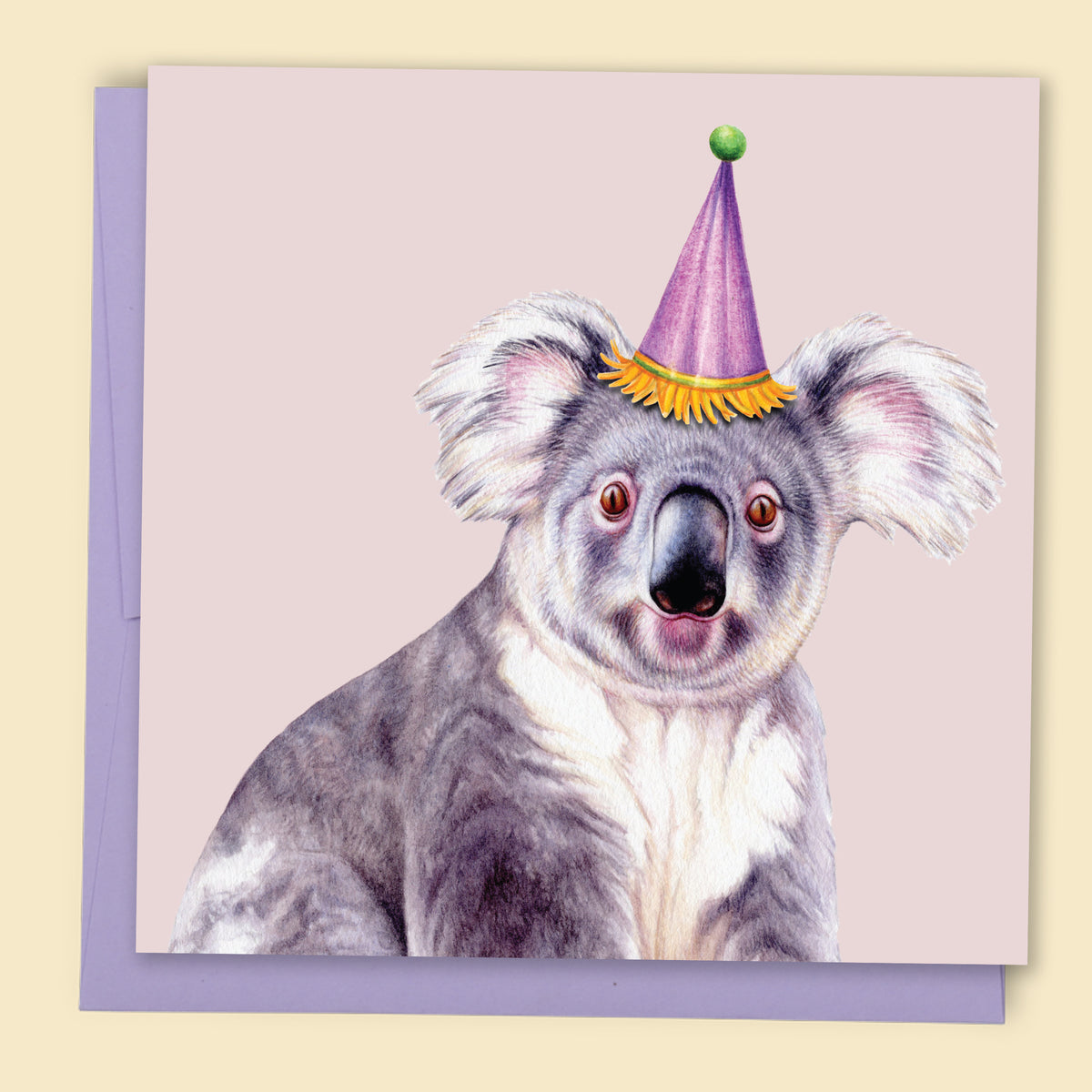 Card with a koala wearing a party hat on a light purple background