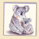 Illustration of a koala holding a baby koala with a light purple border on a beige background - Australian-made greeting card by Papernest