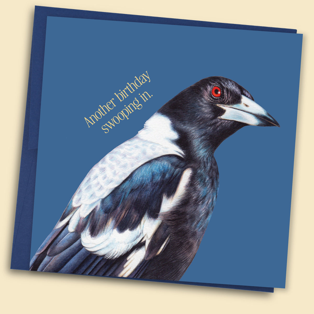 Birthday card with a magpie illustration and text on a blue background -  Australian-made greeting card by Papernest