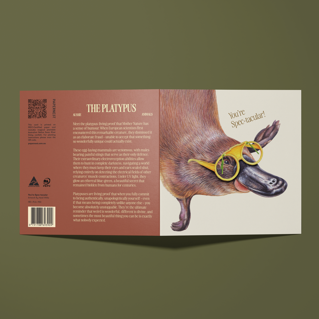 Greeting card with a platypus wearing windscreen wiper Elton John glasses illustration. Greeting reads, "You're Spec-tacular"