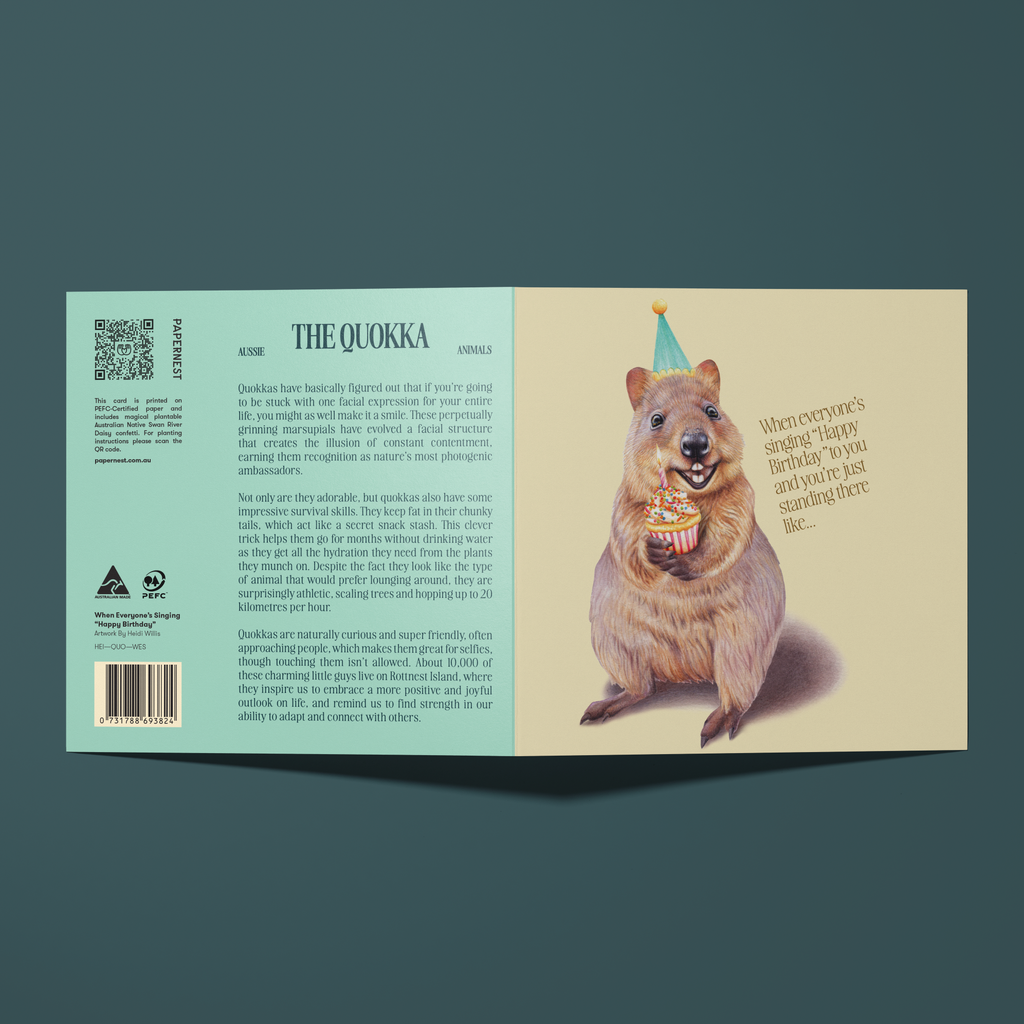 Greeting card with an illustration of a Quokka holding a cupcake and wearing a party hat . Front of the card reads, 
When everyone's singing, "Happy birthday" to you and you're just standing there like...