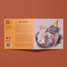 Greeting card with an illustration of a wombat wearing a party hat with crumbs on his belly and the ground. Greeting reads, "Cake? What Cake?"