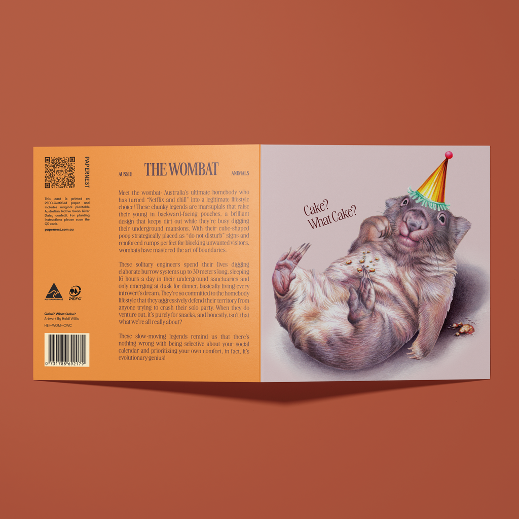 Greeting card with an illustration of a wombat wearing a party hat with crumbs on his belly and the ground. Greeting reads, "Cake? What Cake?"