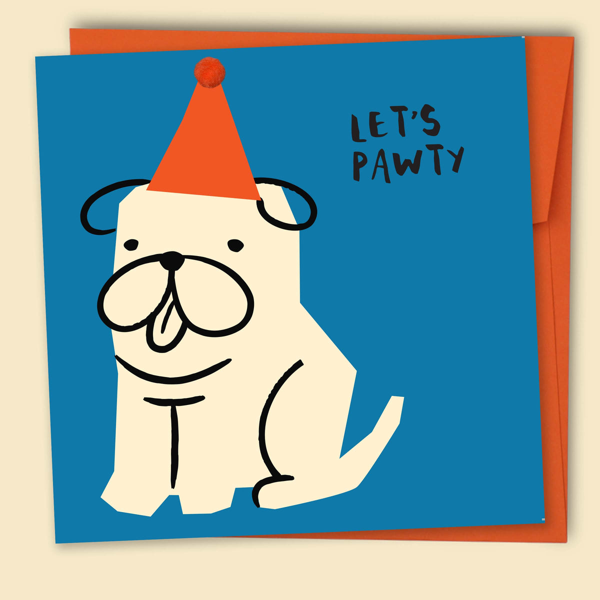 Greeting card with an illustration of a dog wearing a party hat, titled 'Let's Pawty' on the front — Australian-made greeting card by Papernest