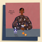 An illustrated greeting card by Constanza Goeppinger featuring a stylised image of woman with a gin cocktail featuring the words 'Have a Gintastic Day'. Australian-made greeting card by Papernest.