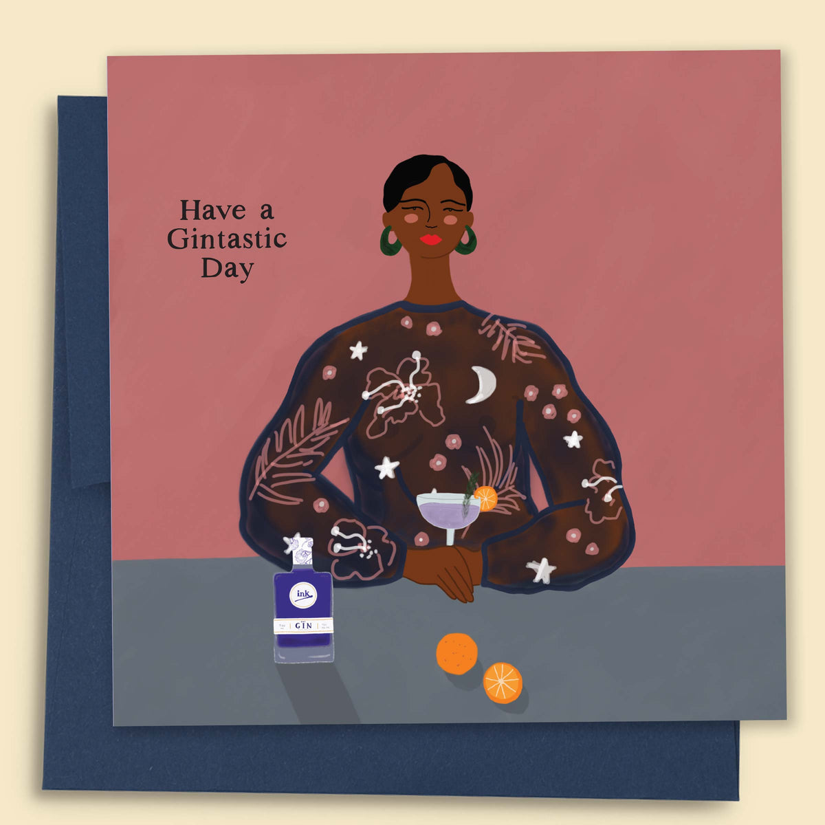 An illustrated greeting card by Constanza Goeppinger featuring a stylised image of woman with a gin cocktail featuring the words 'Have a Gintastic Day'. Australian-made greeting card by Papernest.