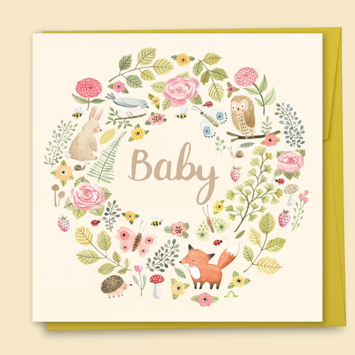 Watercolour forest animals new baby card with gemstones by Tamsin Ainslie