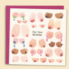 Funny birthday card with watercolour boob illustrations and gem details by Tamsin Ainslie reading 'Tits your birthday'