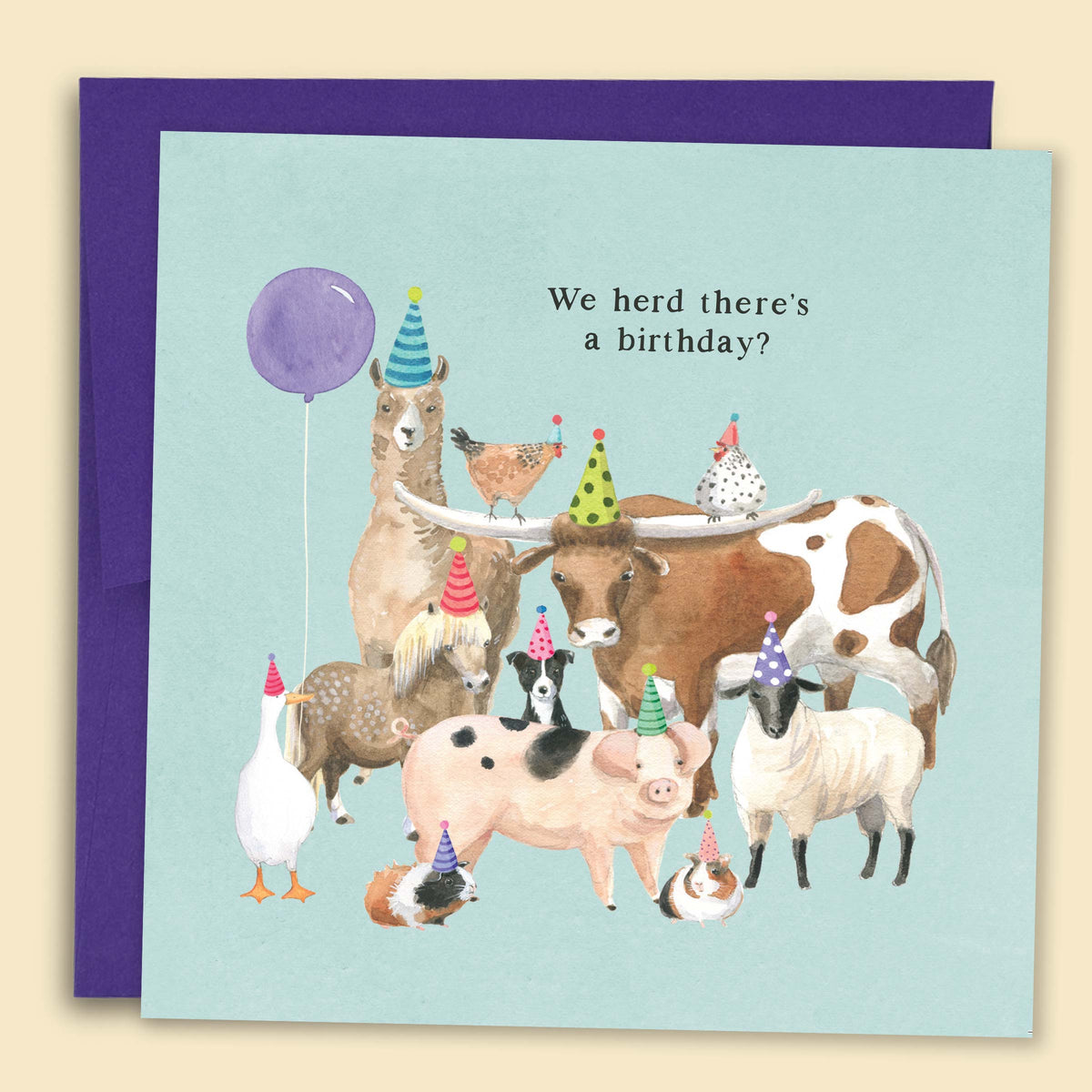 Punny watercolour animal herd birthday card with gemstones by Tamsin Ainslie reading 'We herd there's a birthday'
