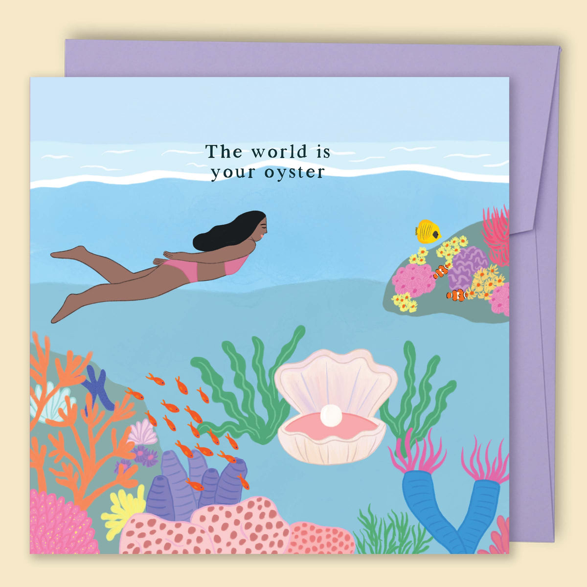 Illustrated oyster with pearl detail by Constanza Goeppinger reading 'The world is your oyster'