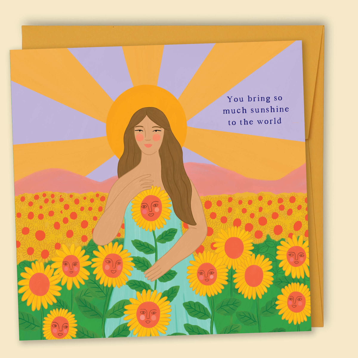 Sunny illustrated friendship card by Constanza Goeppinger reading 'You bring so much sunshine'