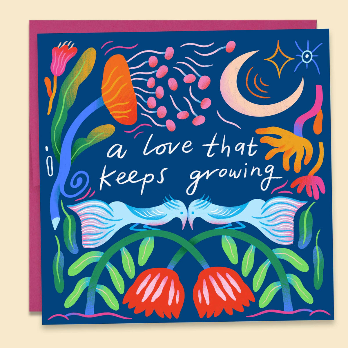 Mark Conlan card illustrated lovebirds and pink blooms on navy, "a love that keeps growing", plantable confetti included