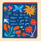 Mark Conlan friendship card with butterflies, bees and sun on navy, "the best days" hand lettering, plantable confetti inside