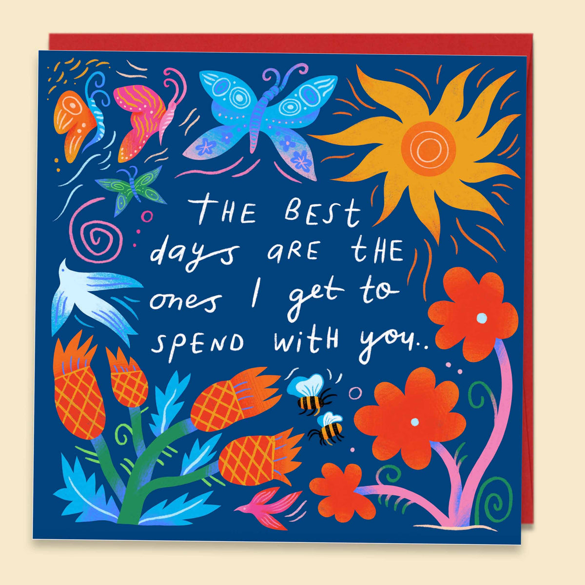 Mark Conlan friendship card with butterflies, bees and sun on navy, "the best days" hand lettering, plantable confetti inside