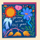 Mark Conlan birthday card with blue bird, sun and wildflowers on navy, "grow wild this year", plantable confetti included
