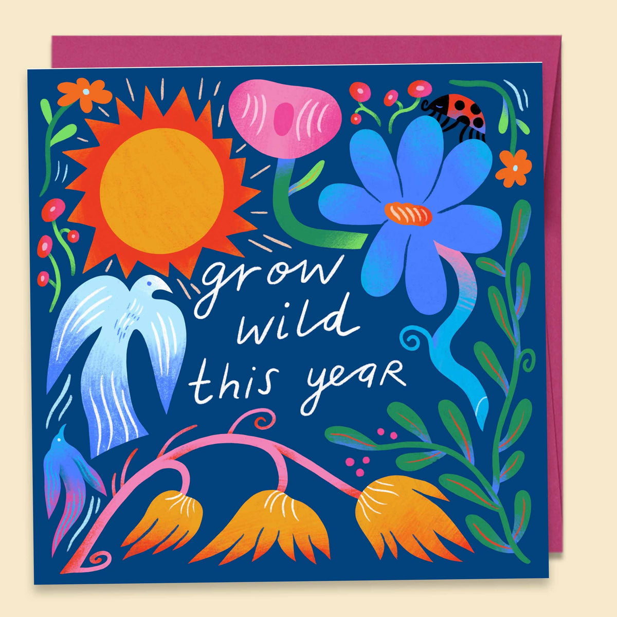 Mark Conlan birthday card with blue bird, sun and wildflowers on navy, "grow wild this year", plantable confetti included