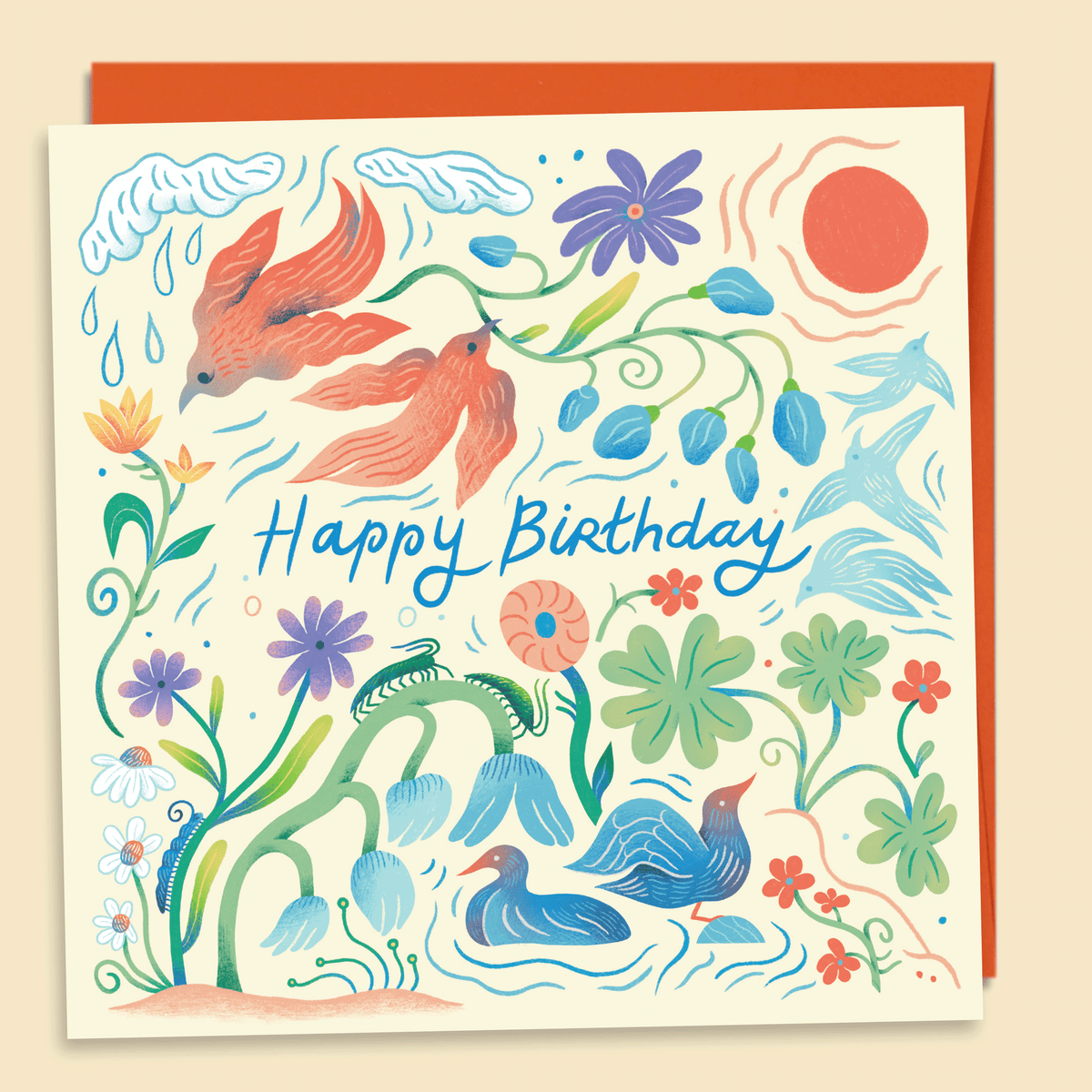 Illustrated "Happy Birthday" card with birds and wildflowers by Mark Conlan, includes plantable seed paper confetti