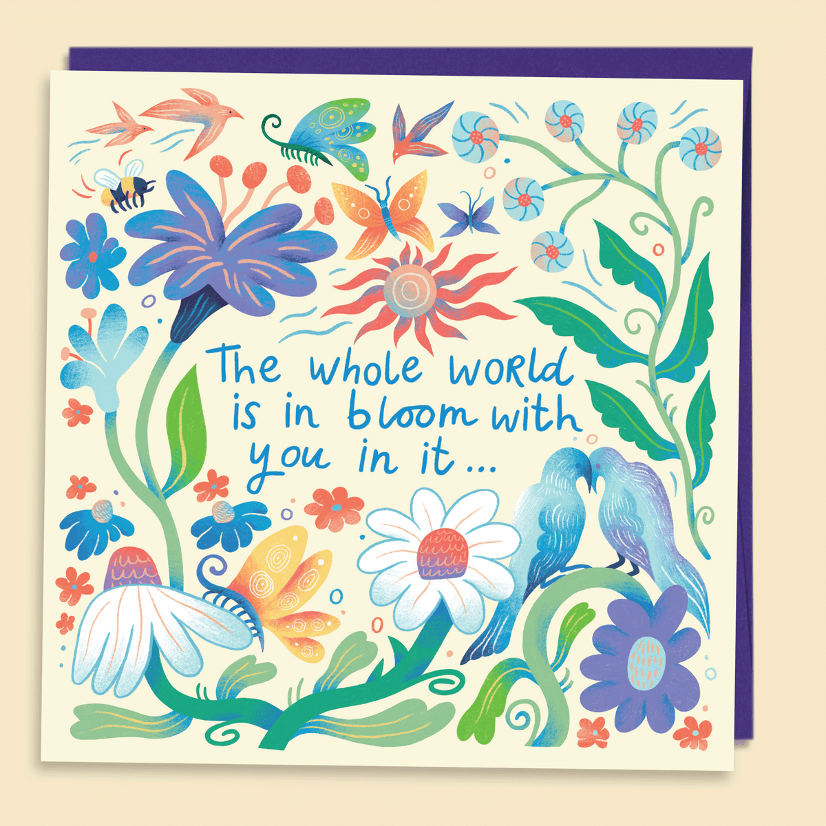 The whole world is in bloom with you in it" card with lovebirds and flowers by Mark Conlan, with plantable seed confetti