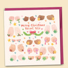 Funny Christmas card with watercolour illustrations of diverse boobs in all shapes and sizes wearing festive nipple tassels with stars holly and tinsel reading Merry Christmas Tinsel Tits with pink envelope