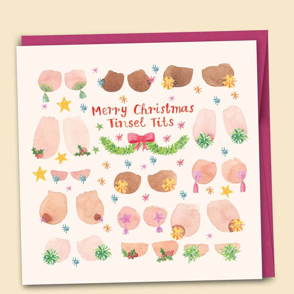 Funny Christmas card with watercolour illustrations of diverse boobs in all shapes and sizes wearing festive nipple tassels with stars holly and tinsel reading Merry Christmas Tinsel Tits with pink envelope