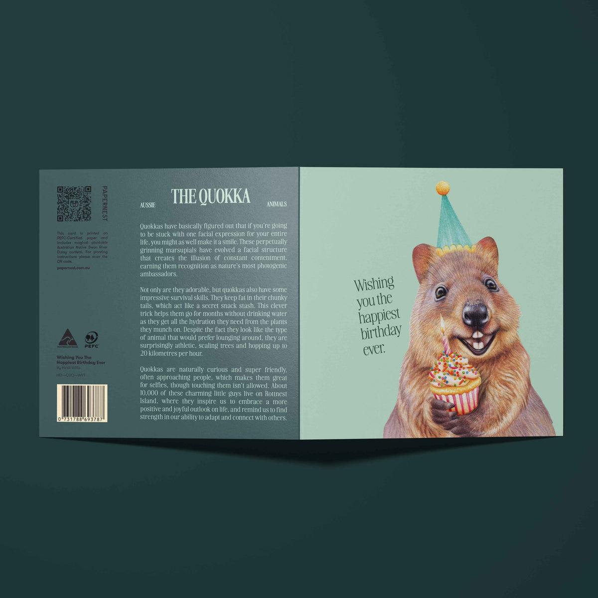 Greeting card with a quokka wearing a party hat and holding a cupcake on a mint background. Front of card says, "Wishing you the happiest birthday ever."