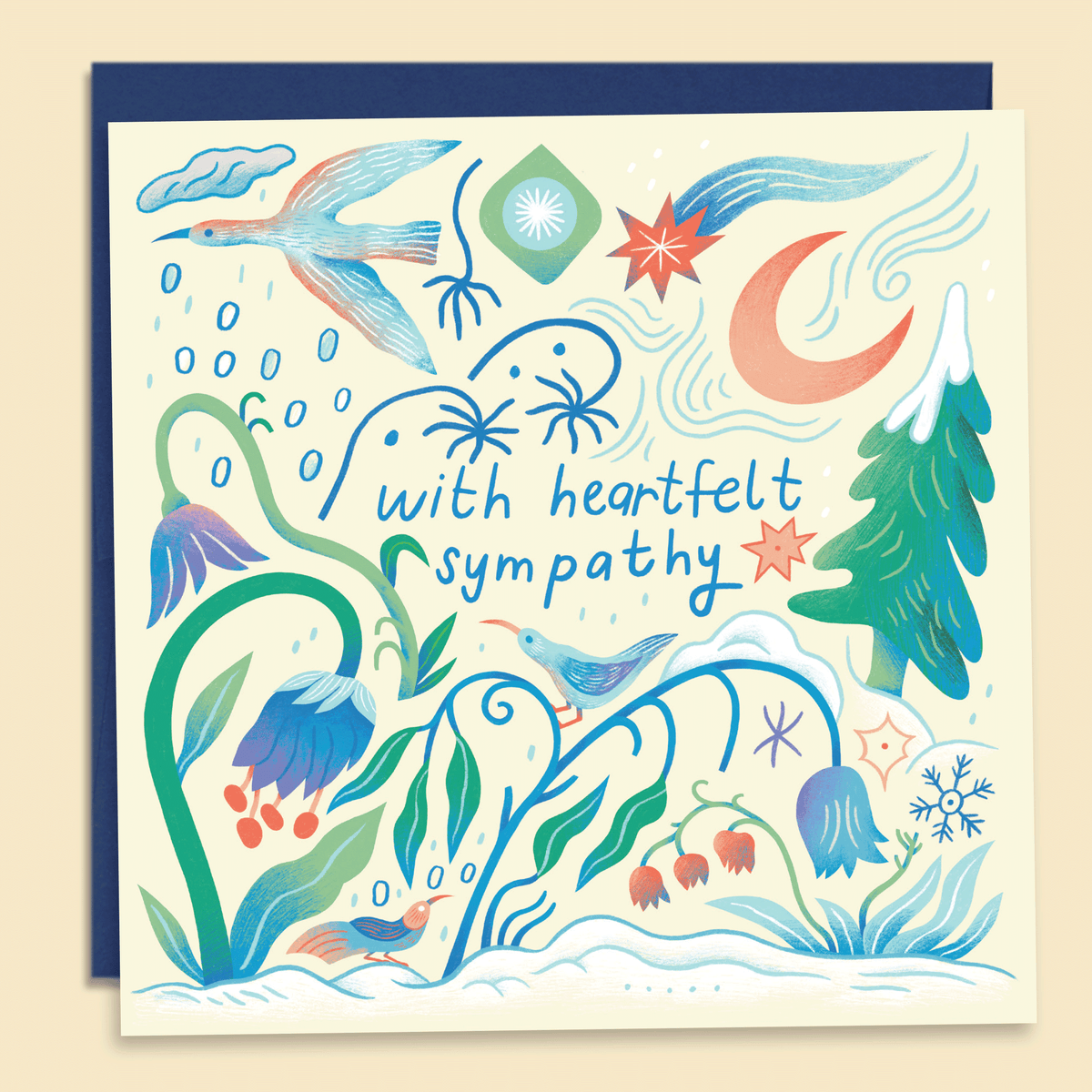 With heartfelt sympathy" card with winter birds and snowy florals by Mark Conlan