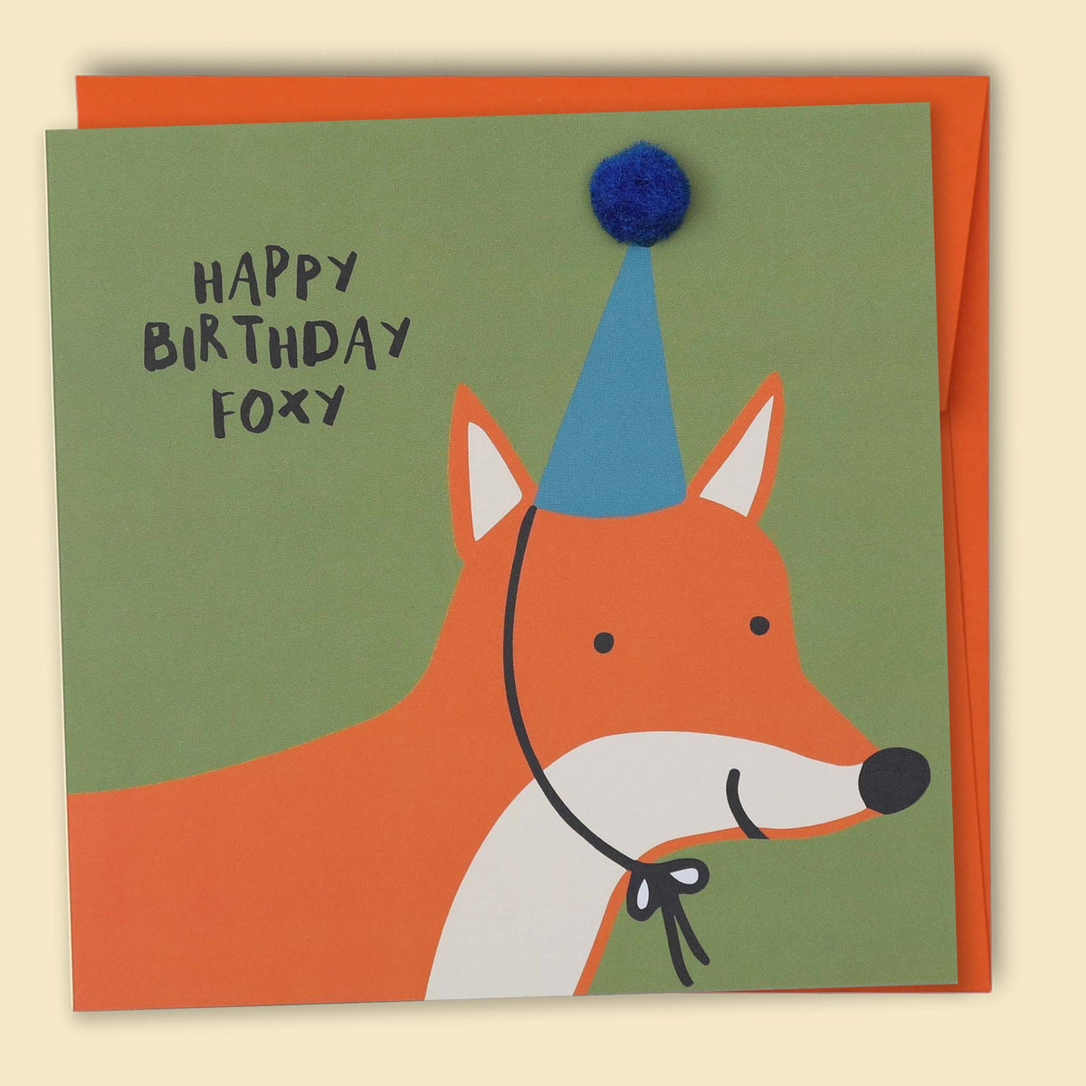 A birthday card with an illustration of a fox wearing a party hat, with the text 'Happy Birthday Foxy' — Australian-made greeting card by Papernest